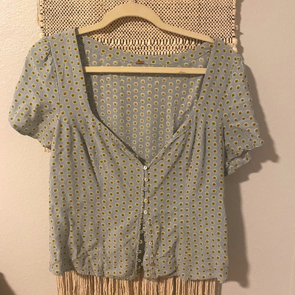Free People Light Blue Daisy Print Button-Front Blouse